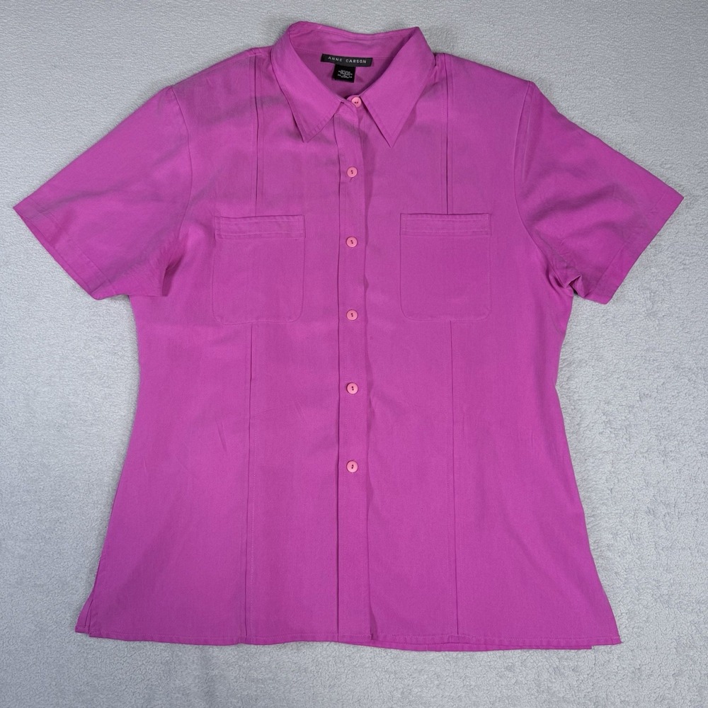 Anne Carson 100% Silk Blouse Fuchsia Pink Short Sleeve Vintage Minimalist Large